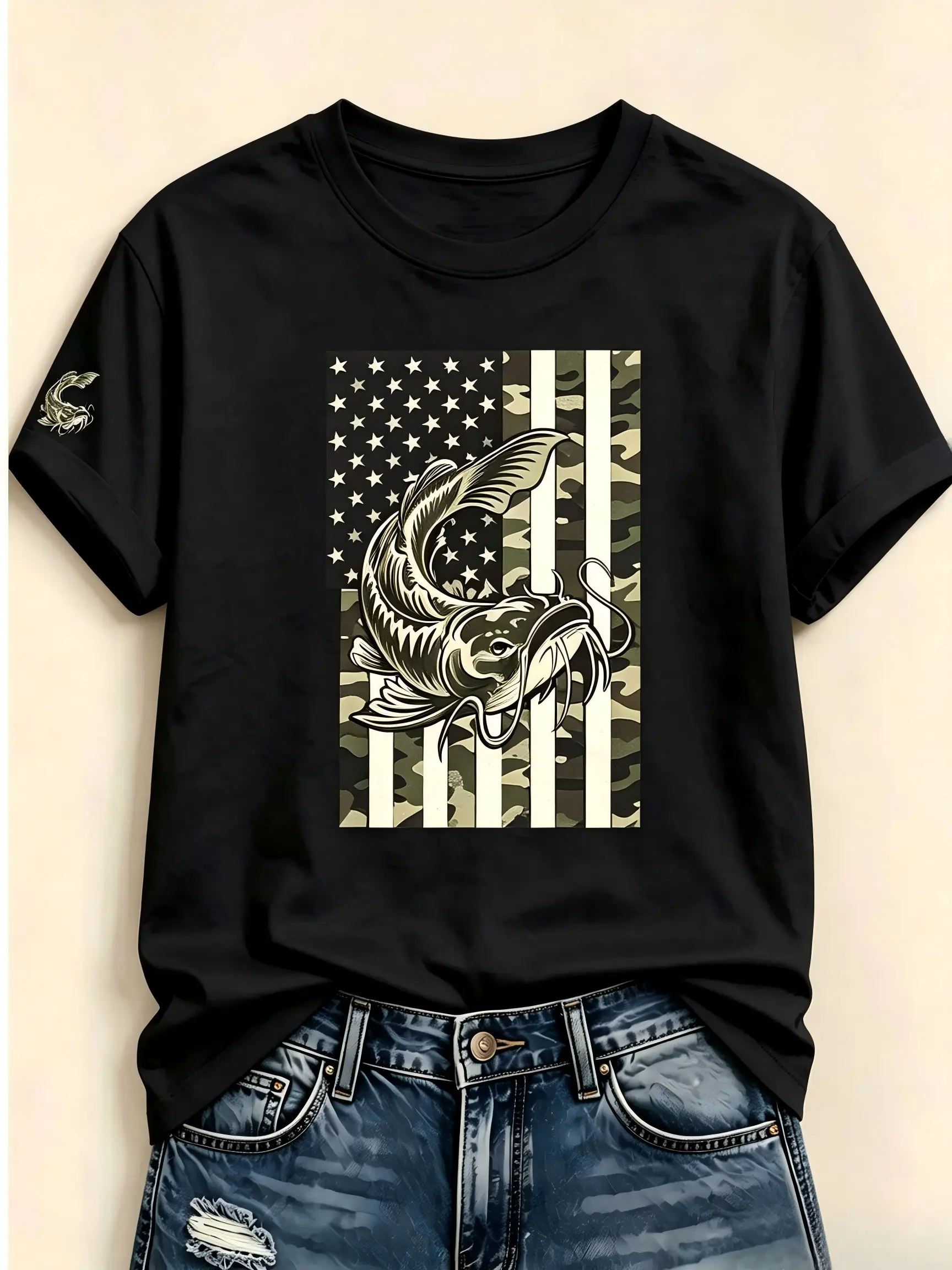 Camo American Flag Catfish Graphic Double Print Cotton Crewneck T-Shirt, Outdoor Fishing Retro Casual Short Sleeve Top, Patriotic Hunting Street Outfit