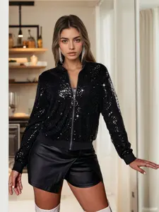 Casual Sequined Loose Fit Baseball Jacket Coats, Cool Casual Style, Eye-Catching Personality, Perfect for Party, Daily Streetwear, Light Social Events, Womenswear