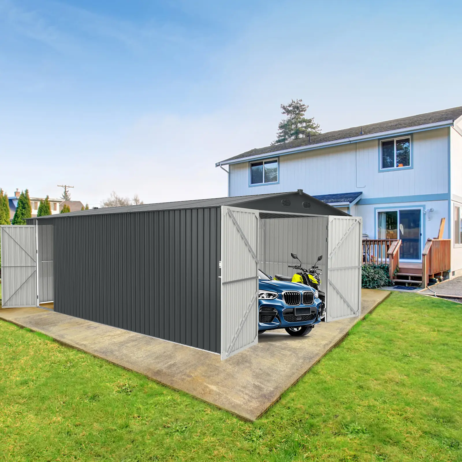 Chery Outdoor Storage Shed, Large Garden Shed with Updated Frame Structure and Lockable Doors, Metal Tool Sheds for Backyard Garden Patio Lawn