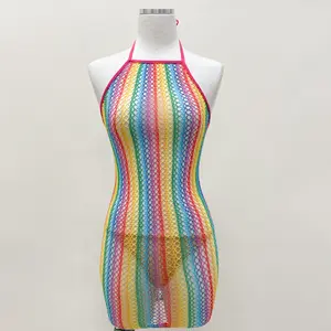 Sweet Surprise Lingerie Halter Neck Rainbow Rave Festival Fishnet Dress