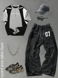 Two-Piece Set Men's Casual Fitted Colorblock Round Neck T-Shirt & Washed Distressed Digital Print Straight Leg Pants, Streetwear Fashion Trendy Preppy Outfit for All Seasons, Casual Men Clothing for Daily Wear