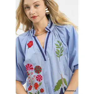 Umgee Embroidered Floral V-Neck Blouse