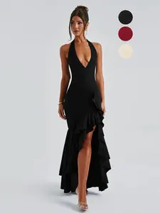 Women's Plain Deep V Neck Ruffle Trim Dress, Elegant Fashion Casual Halter Dress for Daily Outdoor Wear, Women Formal Dress for Summer, Womenswear, Halter Sleeveless Dress