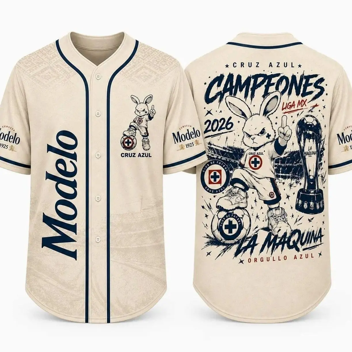 Cruz Azul Campeones Baseball Jersey, Modelo Mexico Soccer Shirt, Liga MX Bunny Mascot Streetwear Jersey Unisex K06 LSG