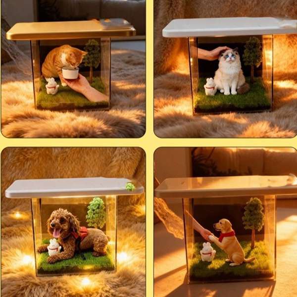Pet Holographic Projection Digital House Acrylic Memorial Box for Cat & Dog 3D Projector Eternal Display Case with Green Grass and Tree