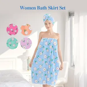 Women's Bath Skirt & Hair Towel Set, 2 Counts/set Daisy Print Bath Skirt & Hair Towel, Bathing Accessories for Home Bathroom Hotel Salon, Loungewear