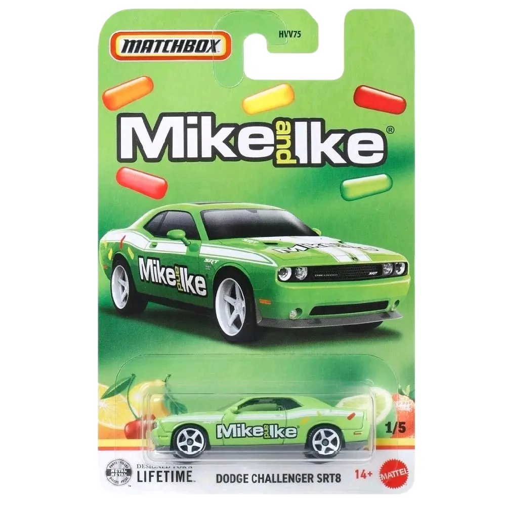 Matchbox 1/64 Scale Green Dodge Challenger SRT8 Mike and Ike Mainline Diecast Car Model, Collectible Sports Vehicle Toy