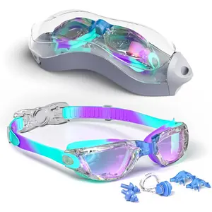 Kids Swim Goggles, Swimming Goggles for Kids with Nose Clip, Earplugs, Nose Bridge for Age 3-15