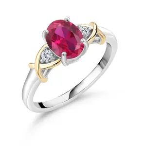 10K Yellow Gold and 925 Sterling Silver Red Created Ruby and White Lab Grown Diamond Ring For Women | 1.43 Cttw | Oval 8X6MM