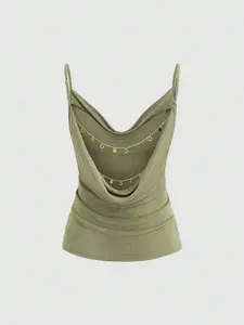 Sweetra Women's New Fashionable Sexy Minimalist Backless Chain Detail Spaghetti Strap Camisole Top