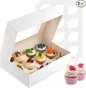 Cupcake Boxes, 2 Pack Disposable Cupcake Containers, Food Grade Cupcake Carrier 12 Count with Window and Inserts, Cupcake Transport Holders Bulk for Muffins Cookies Treats Dessert（White）
