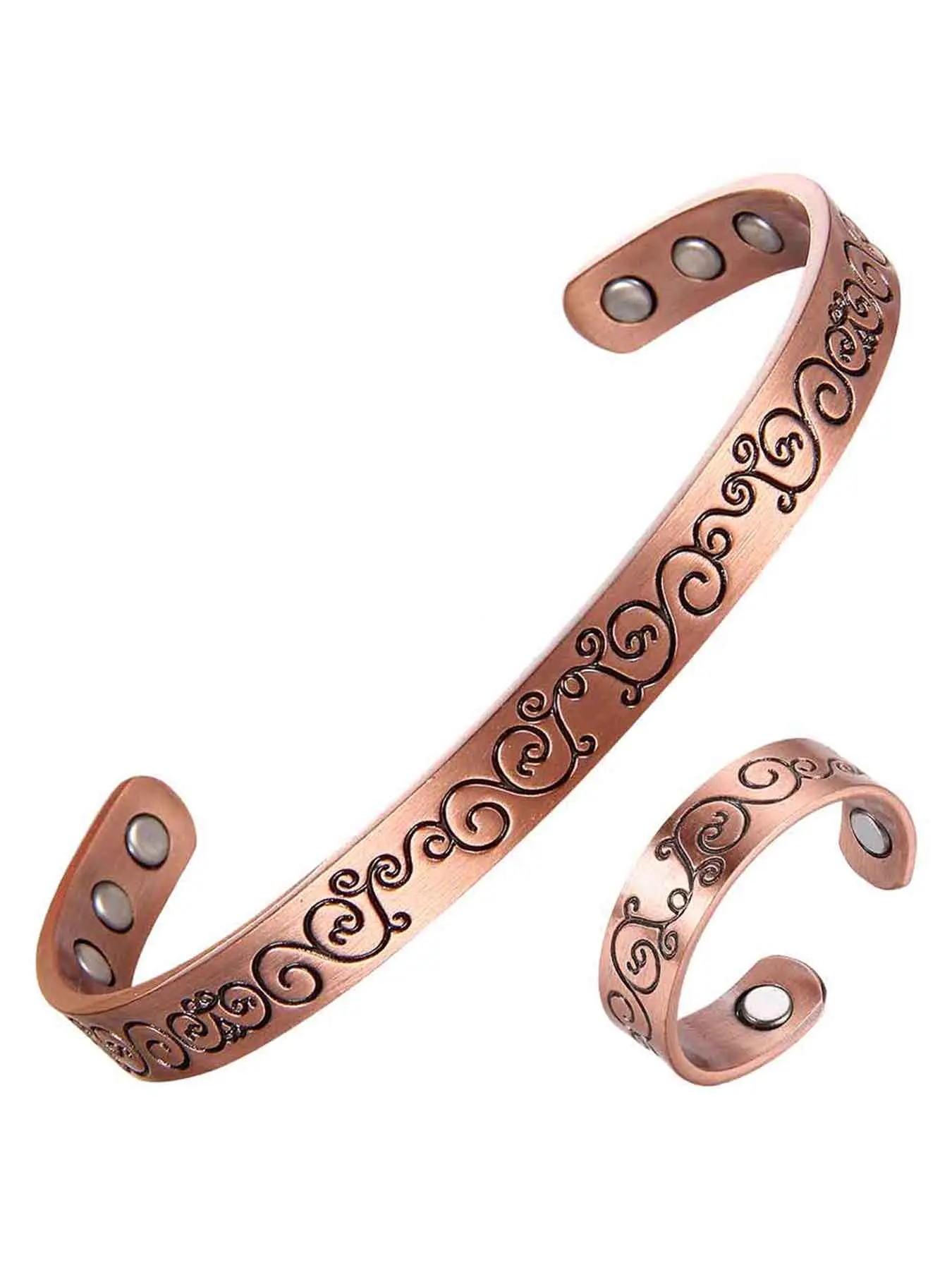 99.99% Pure Copper Magnetic Bangle Bracelet Set with Ring, Magnetic Bangle Jewelry, Adjustable Open Cuff, Plant Vine Design, Unisex Gift for Valentine's Day, Birthday, Christmas, Bracelets Set, Bangles Set