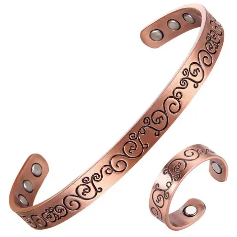 99.99% Pure Copper Magnetic Bangle Bracelet Set with Ring, Magnetic Bangle Jewelry, Adjustable Open Cuff, Plant Vine Design, Unisex Gift for Valentine's Day, Birthday, Christmas, Bracelets Set, Bangles Set