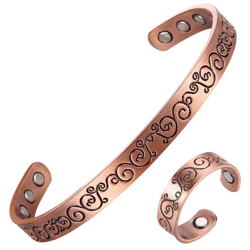99.99% Pure Copper Magnetic Bangle Bracelet Set with Ring, Magnetic Bangle Jewelry, Adjustable Open Cuff, Plant Vine Design, Unisex Gift for Valentine's Day, Birthday, Christmas, Bracelets Set, Bangles Set