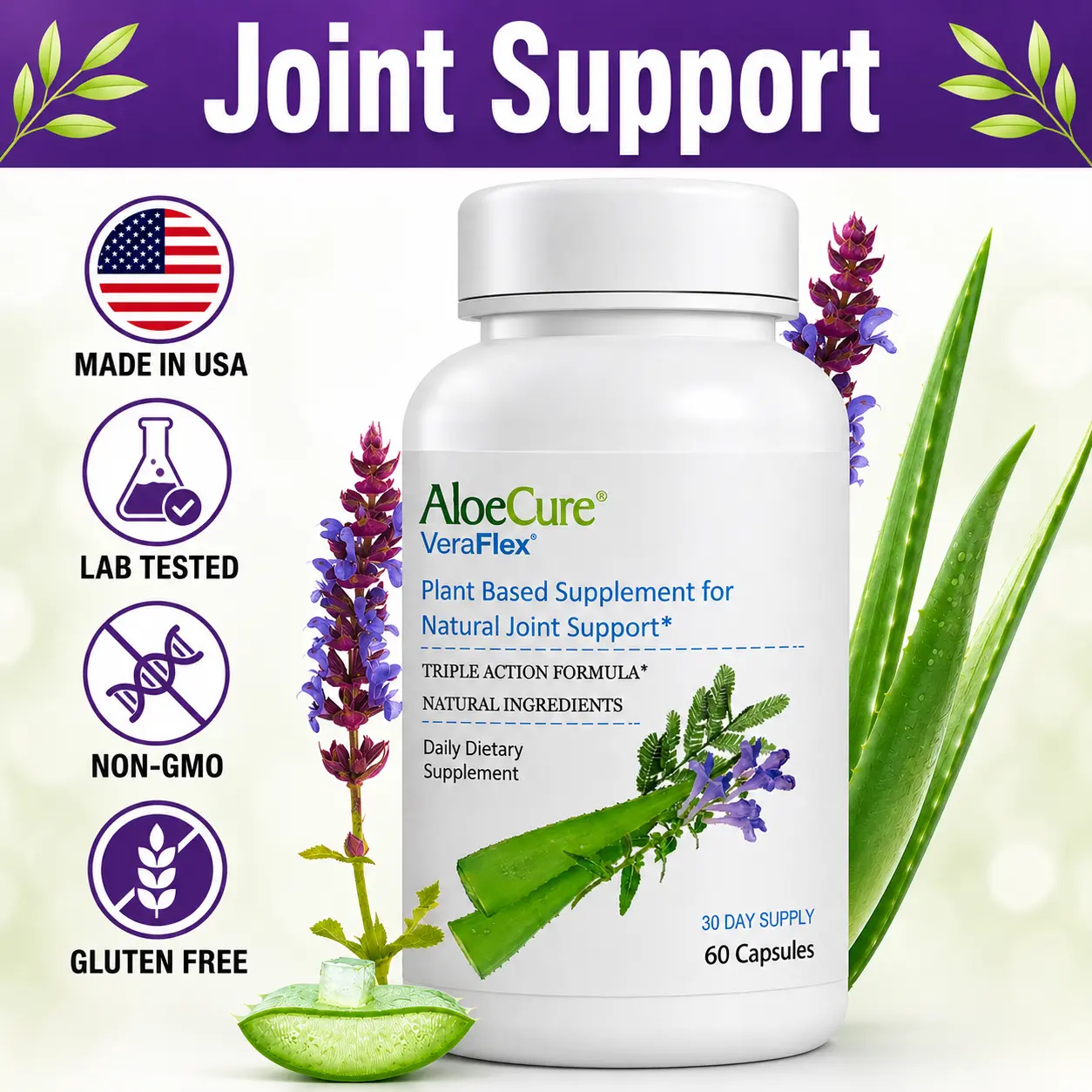AloeCure VeraFlex Natural Joint Support Supplement with USDA Organic Aloe Vera - Helps Maintain Joint Comfort, Mobility and Flexibility - Plant Based Formula, 60 Capsules