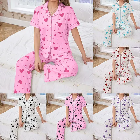 FEITAI Women's Soft Ribbed Spaghetti Ruffle Print 2-Piece Pyjama Set - Button-Down Collared Short-Sleeve Top, Stretchy Fabric Fit Pants, Cute Heart Sleepwear & Loungewear