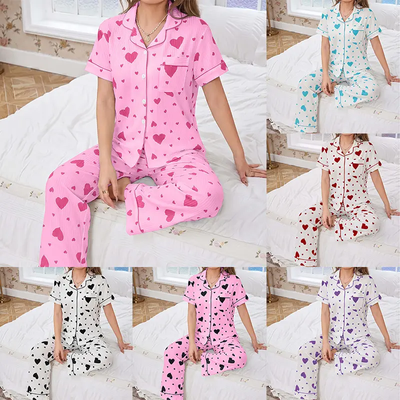 FEITAI Women's 2-Piece Pajama Set: Button-Down Collared Top (Short Sleeve) & Pants – Loungewear