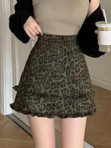 Sweet Cool Leopard Print Suede A-Line Skirt, Anti-Slip Short Dress, Fashionably Stylish Hem Design, Perfect for Casual Wear
