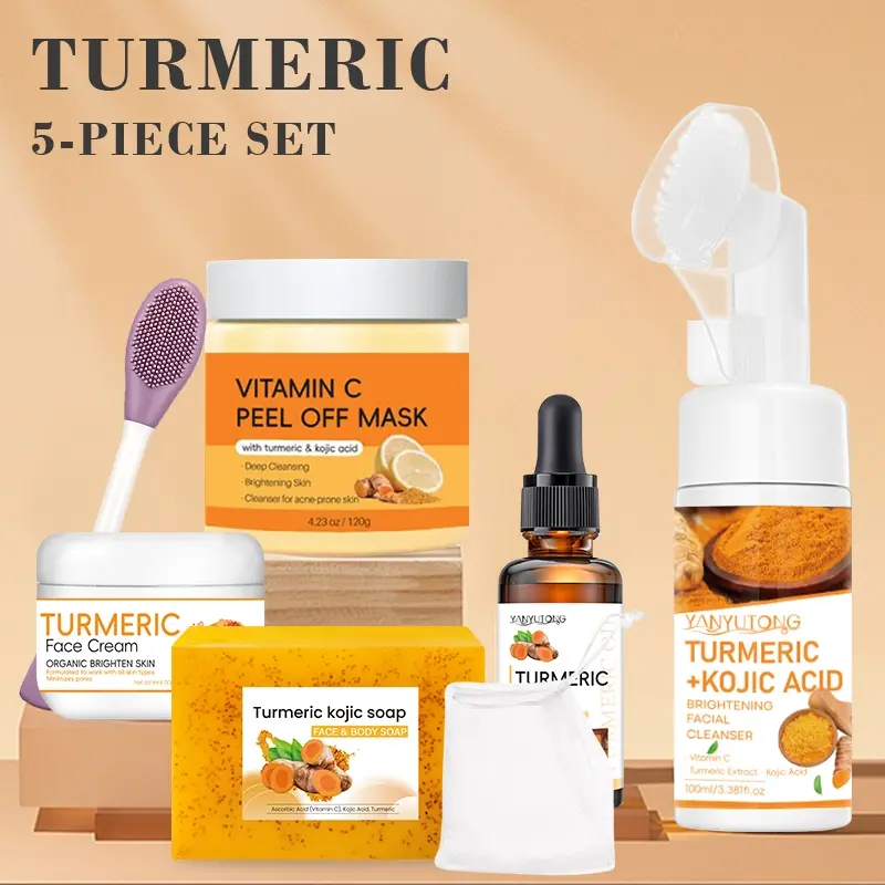 Turmeric skin cleaning and care 5piece set, Moisturizing Hydrating Kit, Moisturizing, Hydrating, Cleanser, deep cleans and keeps skin moist. The set includes facial cleansing mousse, granular soap, mud film, face cream