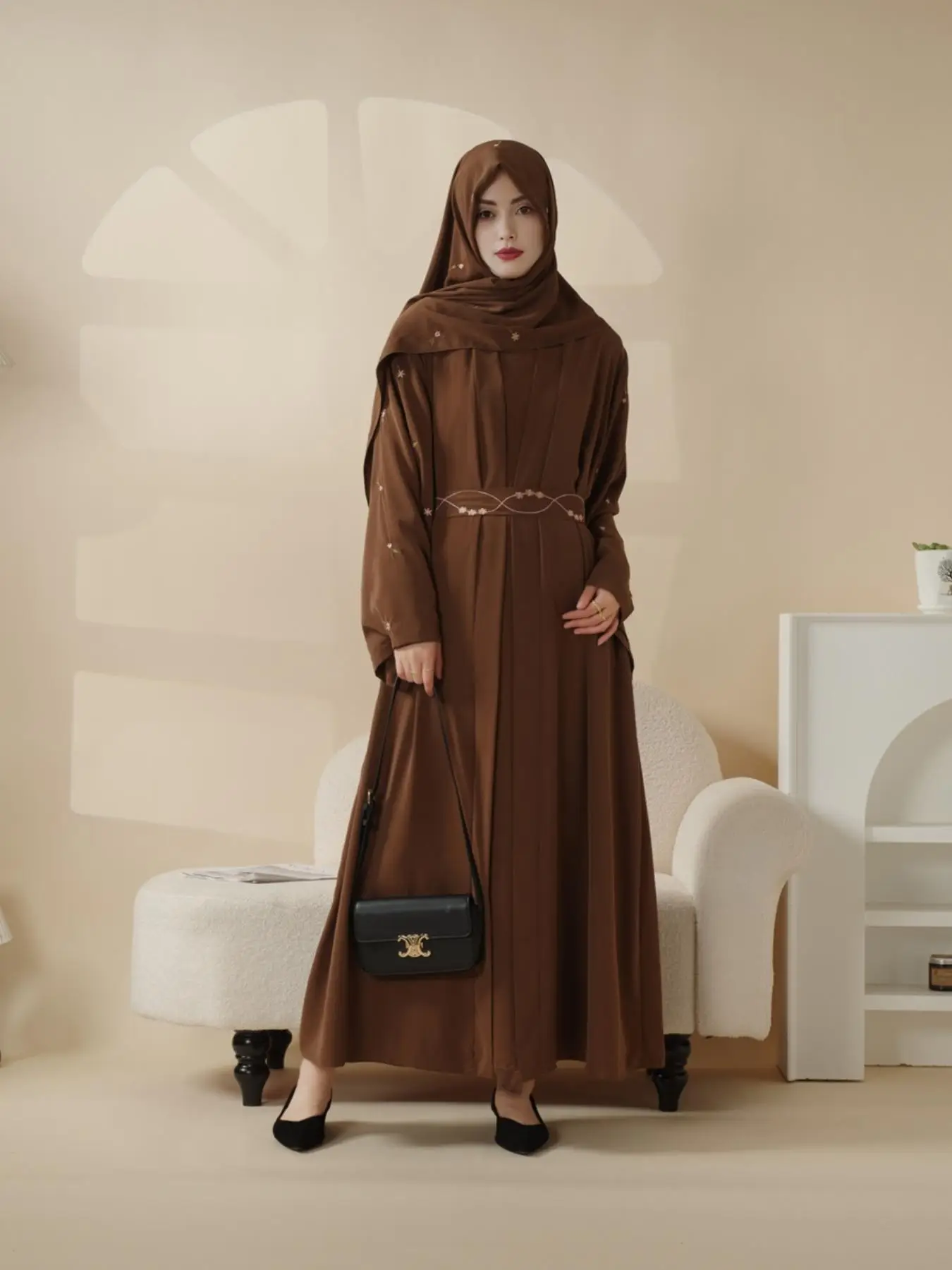 Women's Floral Embroidery Belted Abaya Set, Modest Flounce Sleeve Open Front Abaya & Round Neck Arabian Dress & Hijab Set, Islamic Clothing for Women