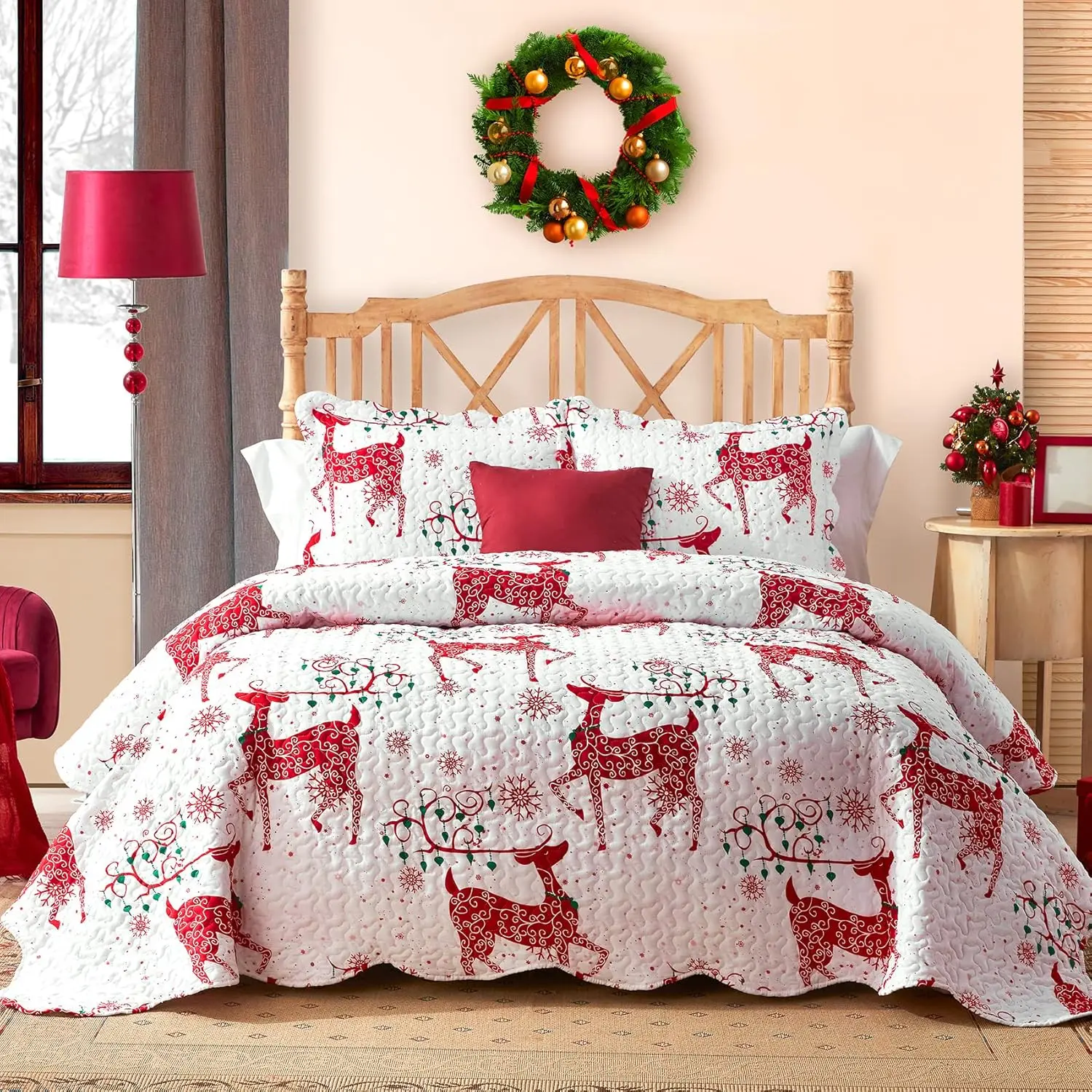 Christmas Quilt Twin with Red Reindeer Printed Pattern, 2 Piece Christmas Quilt Sets Lightweight Bedspread Bed Decor Coverlet Set for All Season