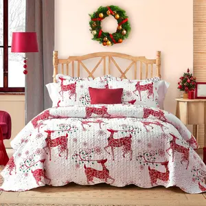 Christmas Quilt Twin with Red Reindeer Printed Pattern, 2 Piece Christmas Quilt Sets Lightweight Bedspread Bed Decor Coverlet Set for All Season