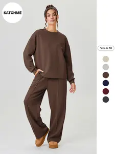 Women's Casual Solid Color Loose Long Sleeve Round Neck Top & Exposed Seam Pants Set, Comfortable Fashion Womenswear for Daily Wear