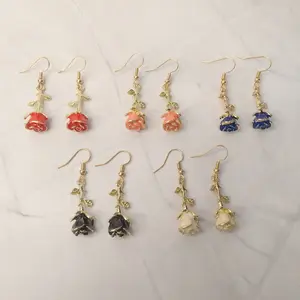 #557 Various Color Rose with Golden Stem & Leaves Earrings, Casual, Spring, Romantic, Alloy