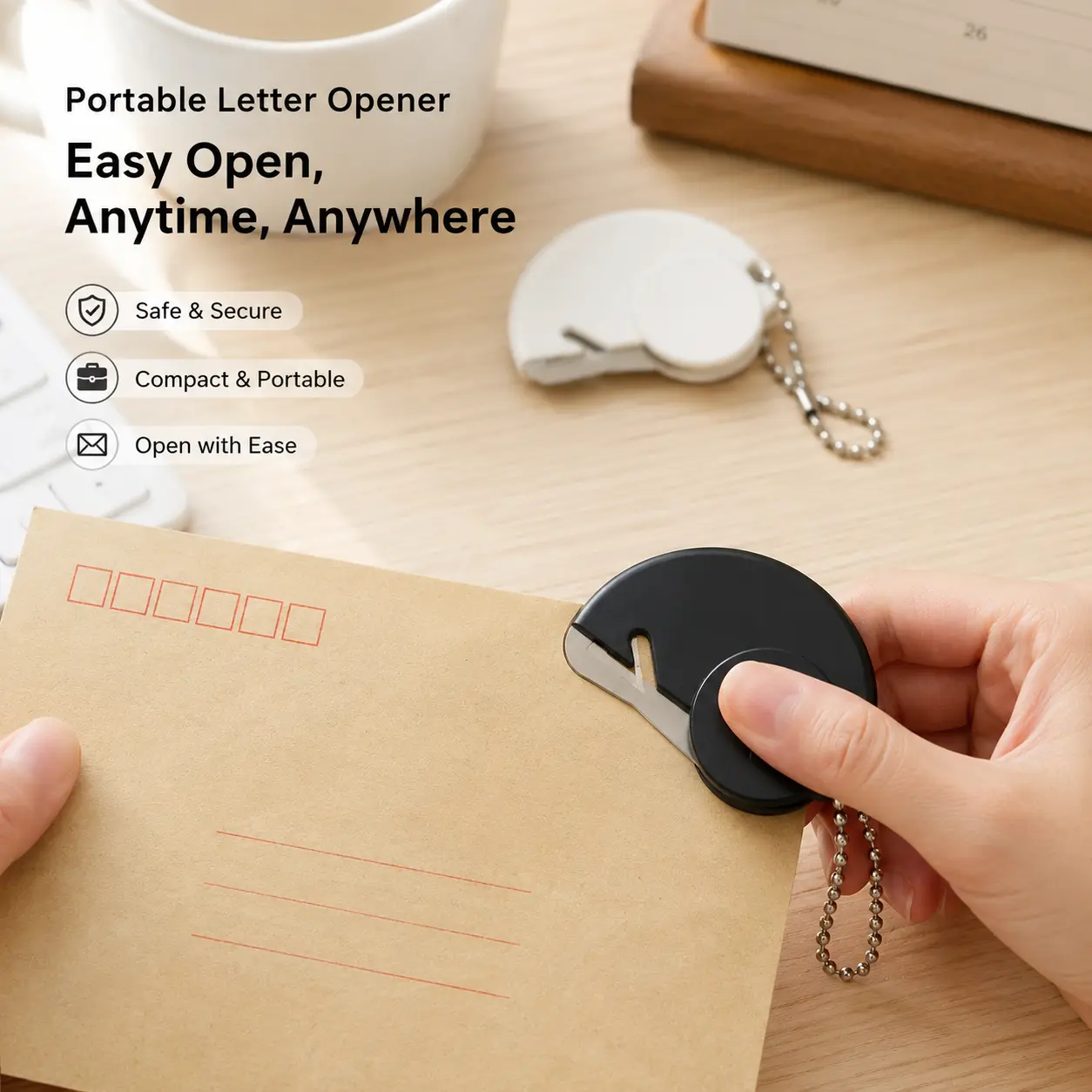 Portable Letter Opener with Metal Bead Chain, Hidden Blade, Magnetic Design for Opening Envelopes, Parcels and Paper Cutting for Home Office Daily Use