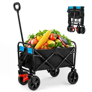 Collapsible Folding Wagon Mini Folding Wagon Garden Shopping Beach Cart Black Blue Brake 30.31x15.16x36.22 Inches 15.60 lbs Durable Steel Frame 600D Oxford Cloth Easy Fold Storage