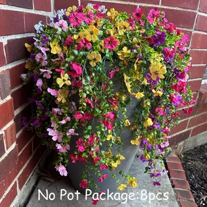 8PCS Artificial Hanging Fake Flowers Set Faux Flower Bouquet for Outdoor Decoration Faux Silk Decorative Flowers Plants for Outdoor Outside Planter UV Resistant Daisy with Eucalyptus Leaves, Porch Front Door Patio Balcony Yard Décor