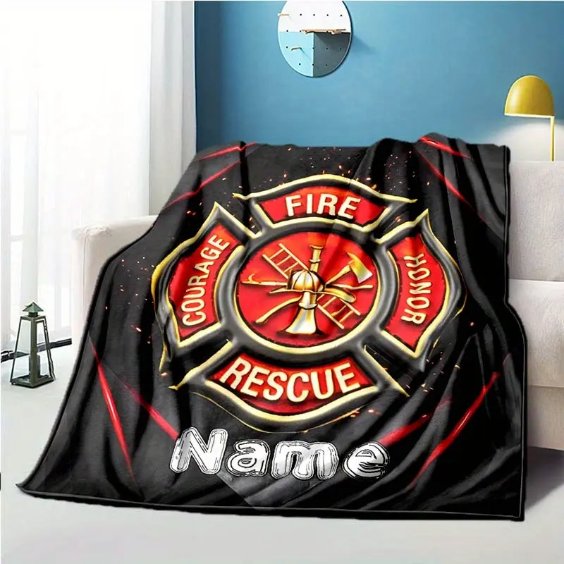 1Pc Customizable Multi-Size Firefighter Name Blanket - Soft Fabric, Warmth-Providing Throw for Sofa, Office - Themed Gift for Firefighter Loved Ones