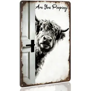 Funny Bathroom Wall Decor, Home Decor, Rustic Highland Cow Design, Metal Aluminum Decorative Plaque 12x8 Inches, Perfect for Girls' Bathrooms & Gifts
