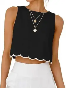 IDEALSANXUN Women's High Neck Linen Tank Top Blouses - Solid, Fit, Lightweight, Basic Cute Comfy Breathable Women's Clothes, Minimalist Scallop Hem, Cropped Sleeveless Button Accents, Ruched Flowy for Spring Summer Casual Beach Outfits