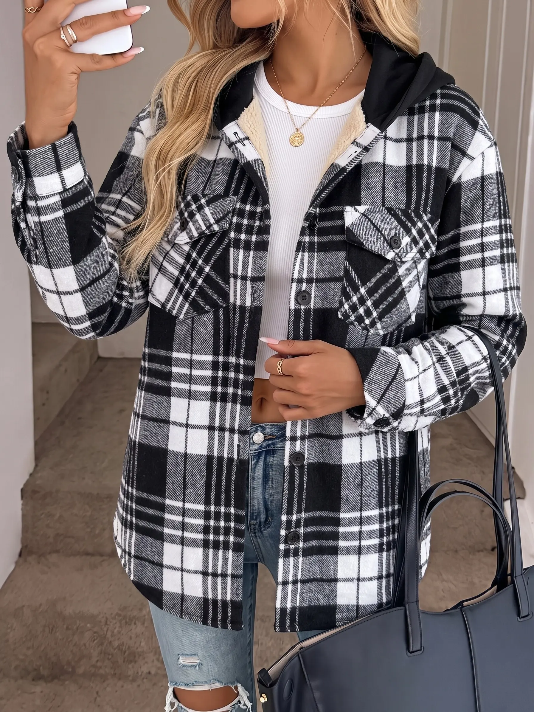 Women's Plaid Checked Fleece-Lined Shacket - Button Front, Warm Sherpa Interior, Chest Flap Pocket, Relaxed Longline Silhouette, Comfortable Essential Plaid Print Style 1-Piece Winter Outerwear for Work & Daily Wear