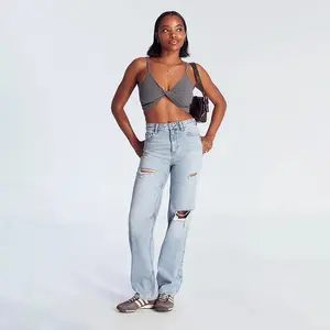 High Waist Distressed Straight Leg Jeans – Light Wash Relaxed Fit