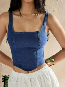 Versatile Y2K Style Distressed Denim Crop Top - Slim Fit Sleeveless Square Neck Casual Top for Summer - Fabric