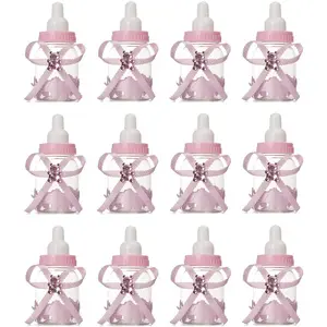 12 Pcs Baby Bottle Shower Favor 3.5-Inch Mini Plastic Candy Bottles for Baby Shower Party Decoration Pink