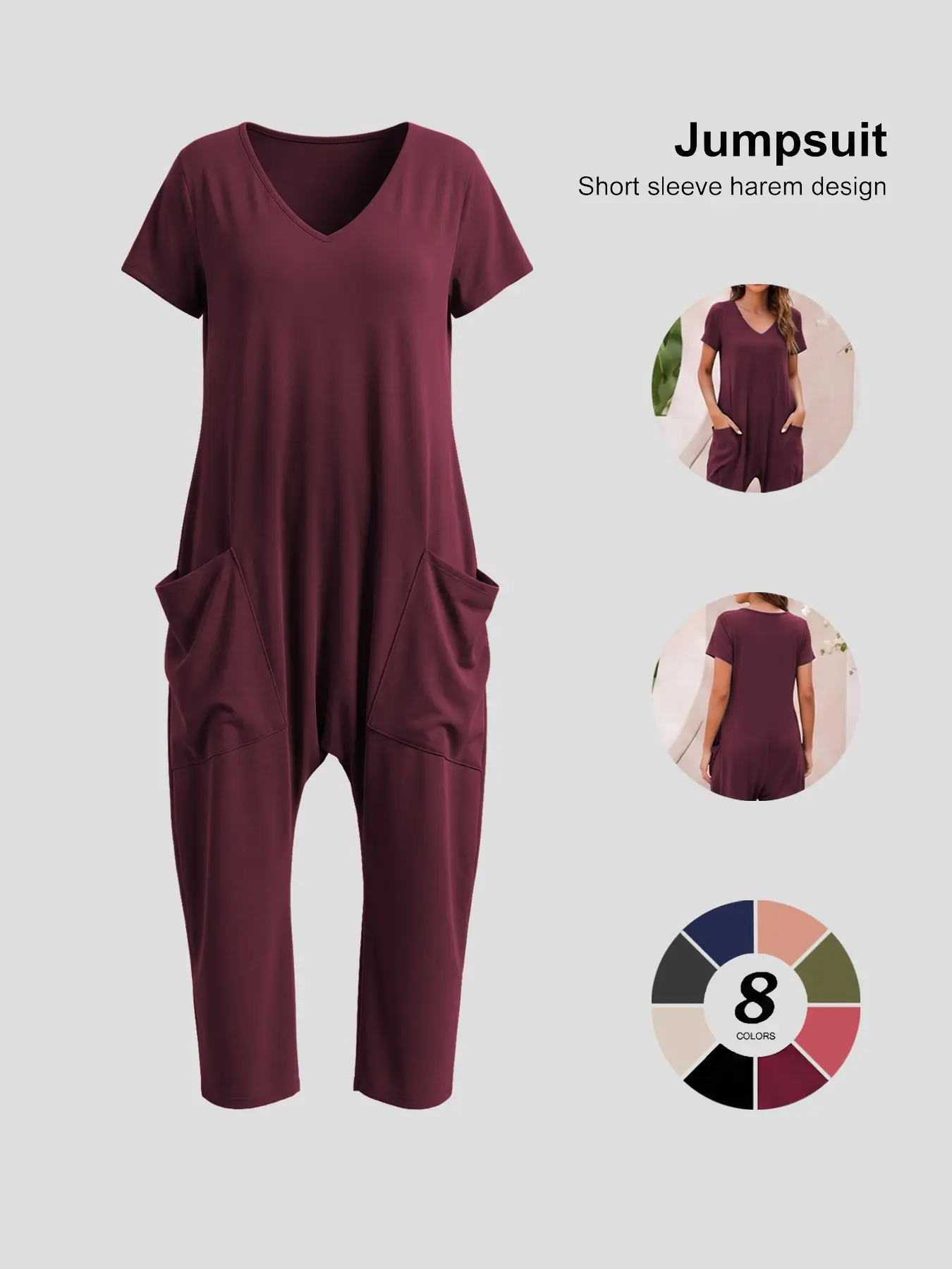 Women's Boho Bohemian Style Vibe Casual Harem Overalls Jumpsuit, V Neck Short Sleeve, Loose Fit with Pockets, Spring & Fall Fashion, Beach Vacation Wear