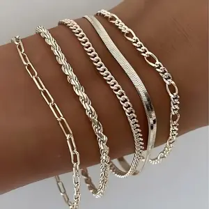 Valentine Gifts Vintage Style Cuban Chain Bracelet Set For Women - Simple Stackable Jewelry, Silver Paperclips And Chain For Stacked Bracelets, A Gift For Women, 5-Piece Set