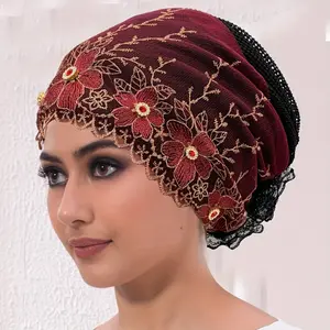 Women's Elastic Breathable Turban Hat - Embroidered Polyester Muslim Cap with Rhinestone Accents | Ideal for Chemo Patients Summer Headwear
