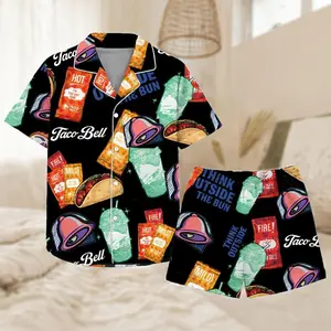 Fast Food Pajamas Set, Funny Sleepwear, Taco Satin Pajamas, Think Outside Pijamas Set, Funny Pjm
