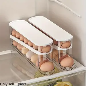 1pcs- double-layer rolling egg storage box, saving space, refrigerator side door to protect storage, durable plastic, no battery, perfect choice for family storage, Stackable Fridge Organizer