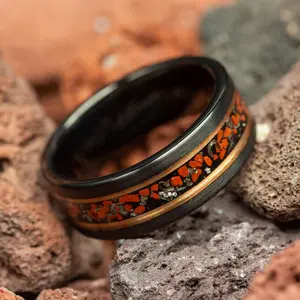 Dinosaur Bone & Meteorite with Rose Gold Strips Brushed Black Men's Tungsten Ring - 8mm