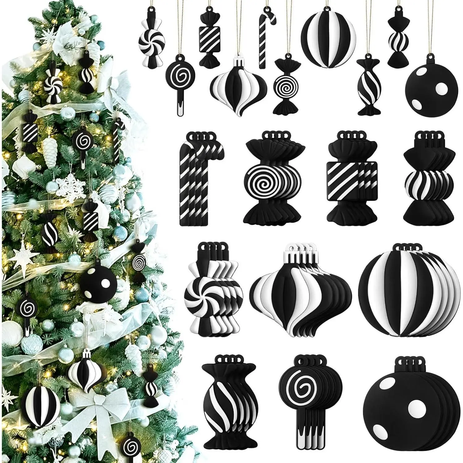 40 count Black and White Christmas Tree Ornaments PVC Xmas Candy Cane Lollipop Ornament Christmas Hanging Decors Birthday Party Decoration Crafts for Holiday Xmas Tree Party (Novel Style)