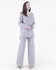 Two-Piece Set Women's Cozy Knit Wide-Leg Pants and Oversized Hi-Low V-Neck Sweater – Soft Relaxed Fit Loungewear