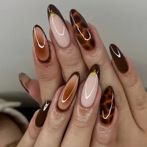 Brown Tortoise French Tip Handmade Press On Nails Set 10PCS, Glossy Gel Design Acrylic Art Press on Nails, Luxury Salon Style Almond Nails, Cute Nail Box, Trendy Birthday Gift For Her Party