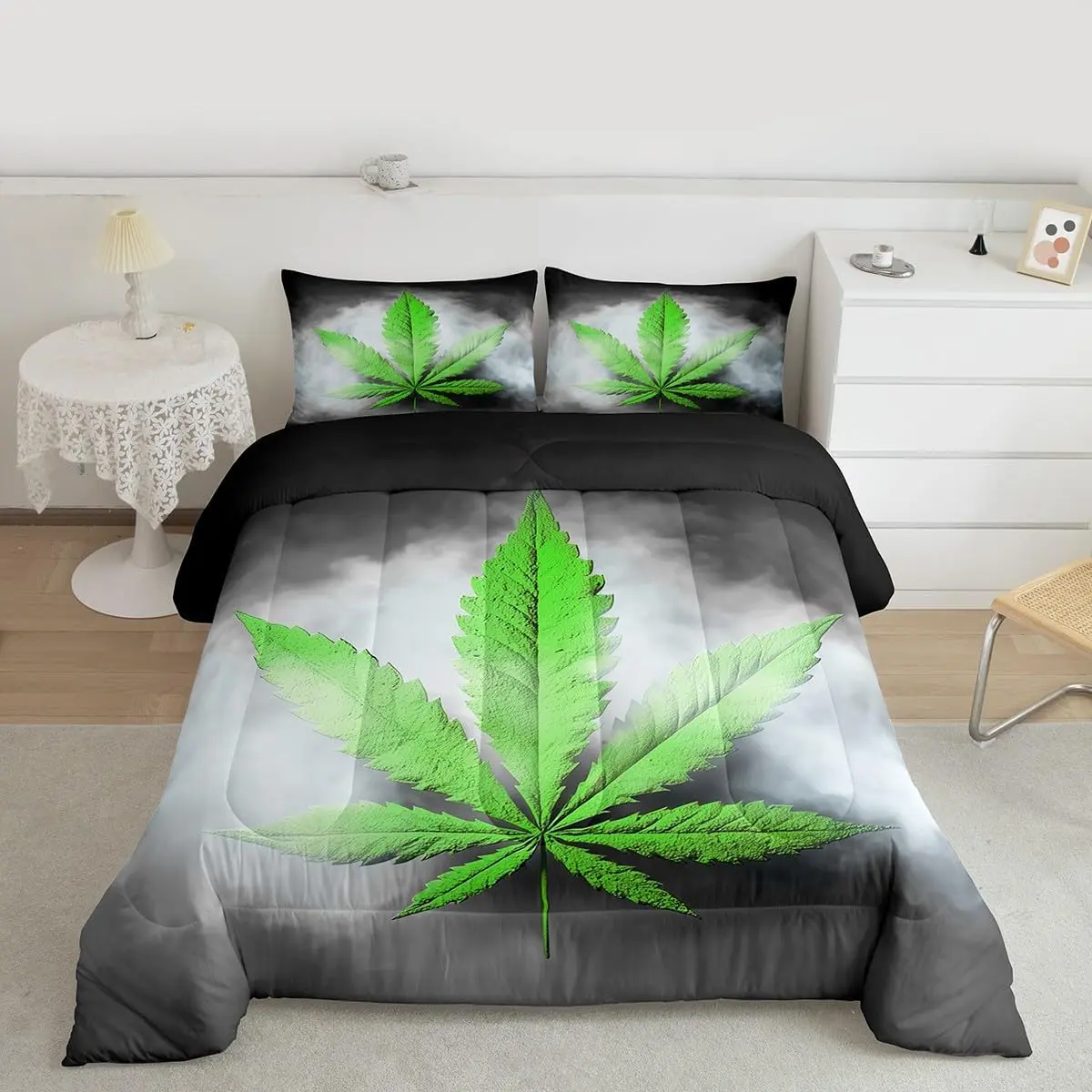 Leaves Comforter Set,Leaf Bedding Set,Herb Botanical Duvet Set,Grey Grunge Style Quilted Duvet,Green,Trendy