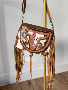 Women's Boho Adjustable Crossbody Bag - THE CAROLINE Cowhide Purse, Magnetic Closure, Steer Longhorn Design (Ranch Shop Collection)