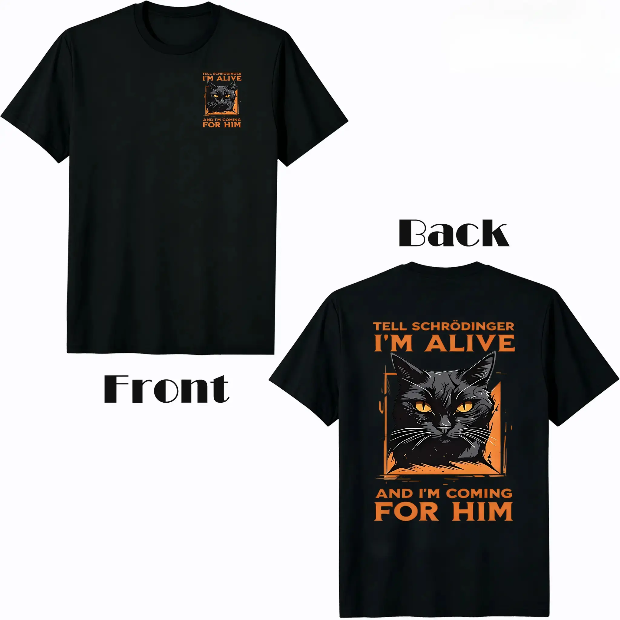 Quantum Mechanics Meme Print Casual Crew Neck Men's T-Shirt, Cat Pattern Men's Top, Gift for Quantum Enthusiasts, Fun T-Shirt for Friends, Halloween Party Novelty Shirt, Orange-Eyed Black Cat Print Men's Clothing, Fun Gift, Casual W